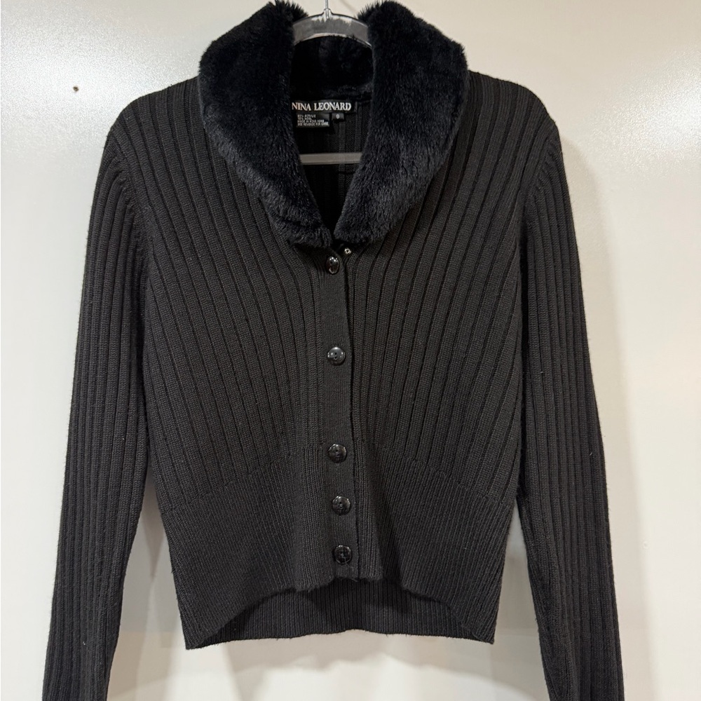 Nina Leonard Charcoal Ribbed Cardigan with Plush Collar